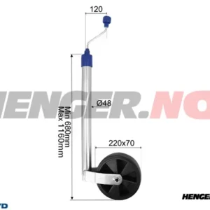 Støttehjul Ø48mm med plastfelg. Massivt Gummihjul 215x70mm. Load 150kg