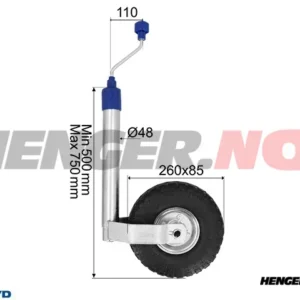 Støttehjul Ø48mm Stålfelg Pneumatiske gummihjul 260x85mm Last 136Kg